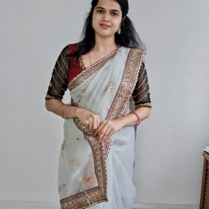silver organza saree with brown velvet blouse and zari border
