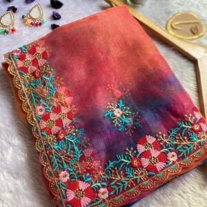 buy floral pink blue printed organza saree with embroidered floral blouse