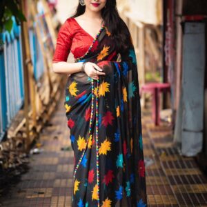 Red blouse fabric with subtle sequin detailing for Black Maple Leaf Georgette Saree