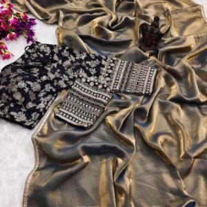 Copper tissue saree with embroidered black blouse